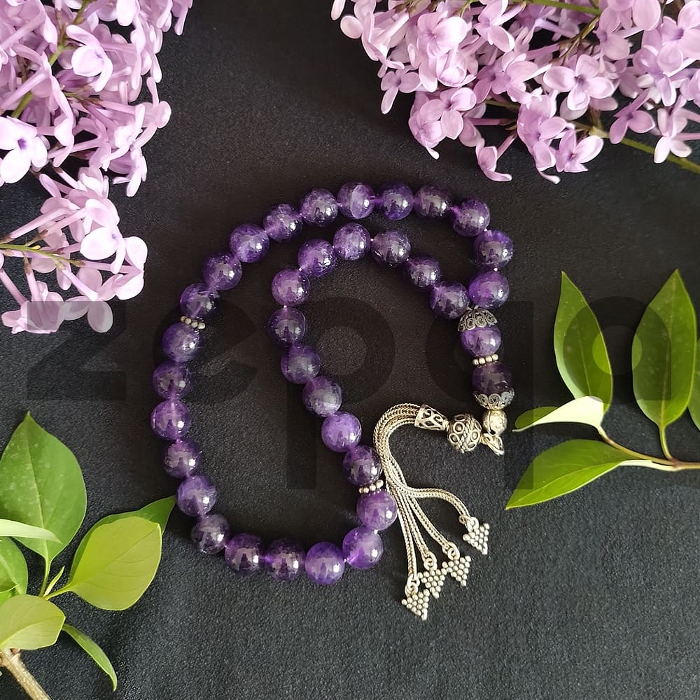 Gümüş Püsküllü Ametist Taş Tesbih 10mm