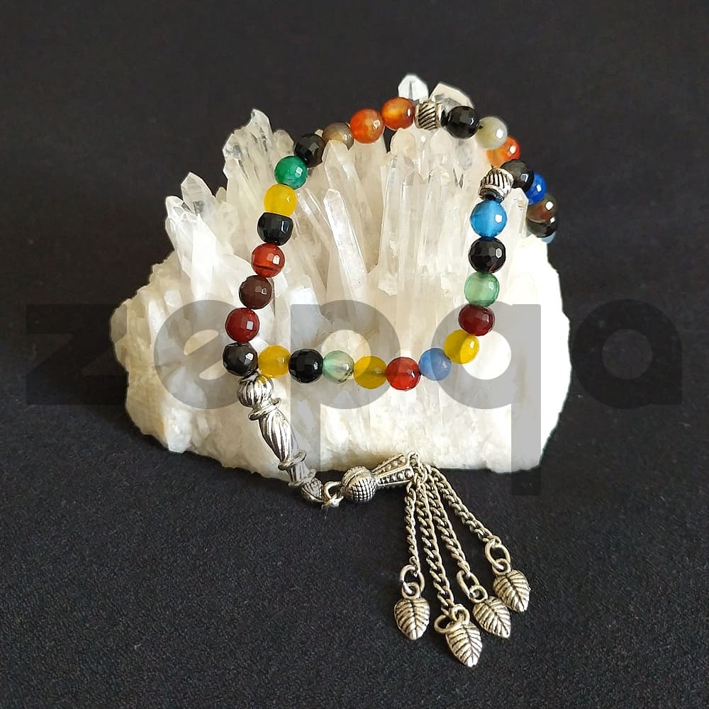 Metal Püsküllü Kesme Mix Akik Taş Tesbih 6mm