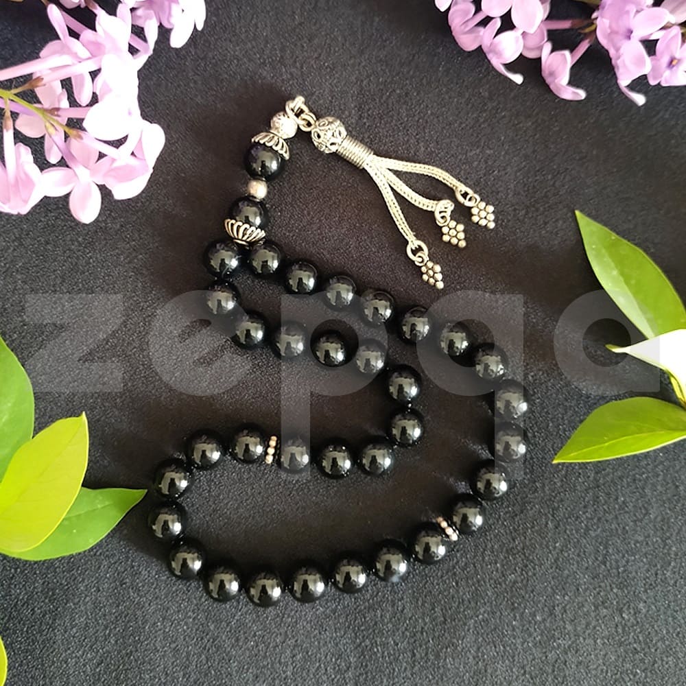 Gümüş Püsküllü Oniks Taş Tesbih 8mm