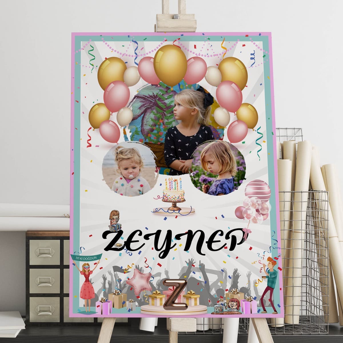 Balon Temalı Kız Çocuk Dijital Doğum Günü Afişi